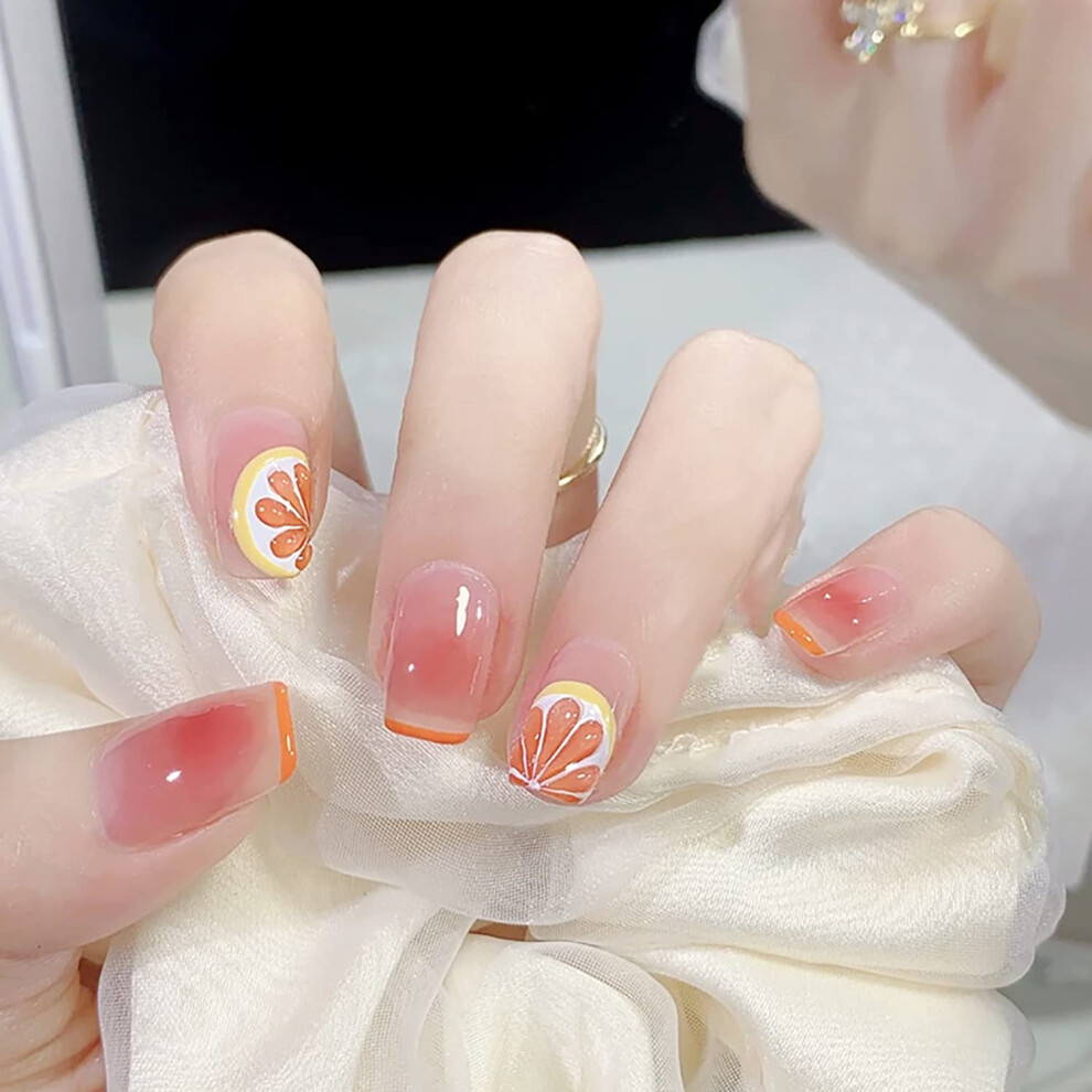Press On Coffin Fake Nails with Oranges Pattern, 24Pcs Reusable Acrylic Set with Glue