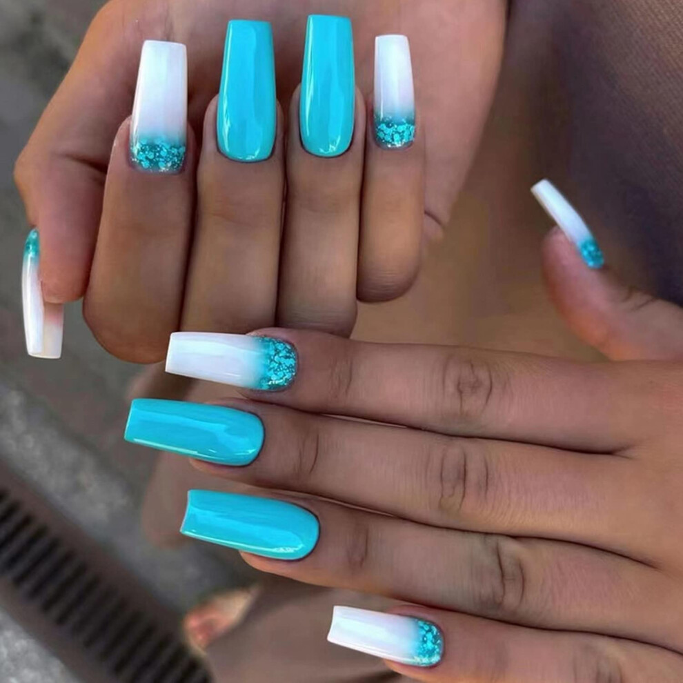 Blue Medium Coffin Press On Nails With Glue Glitter Fake Nails Set Reusable Acrylic For Women