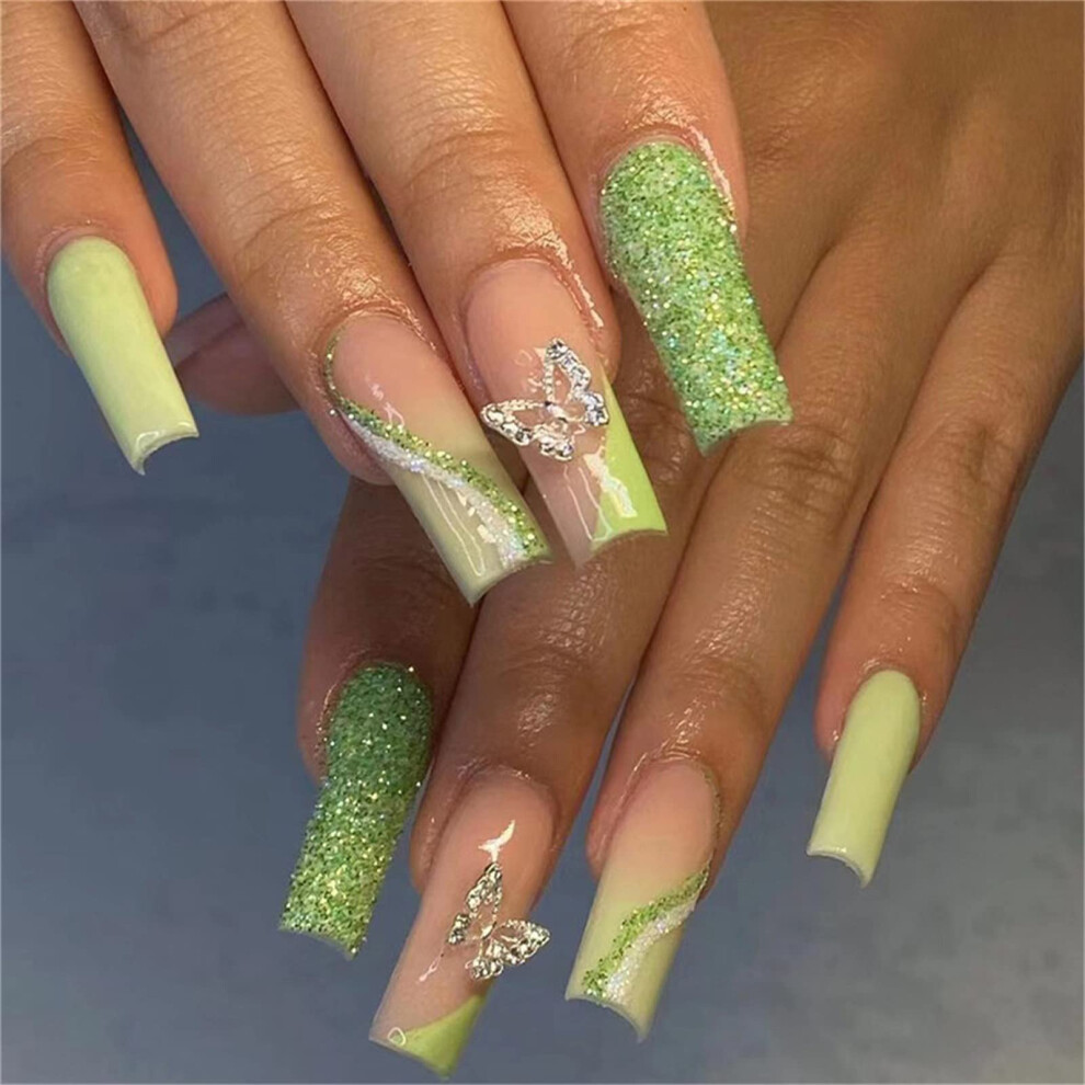 Sparkly Green Butterfly Coffin Press On Nails with Glue, Long Full Cover Fake Nails for Women