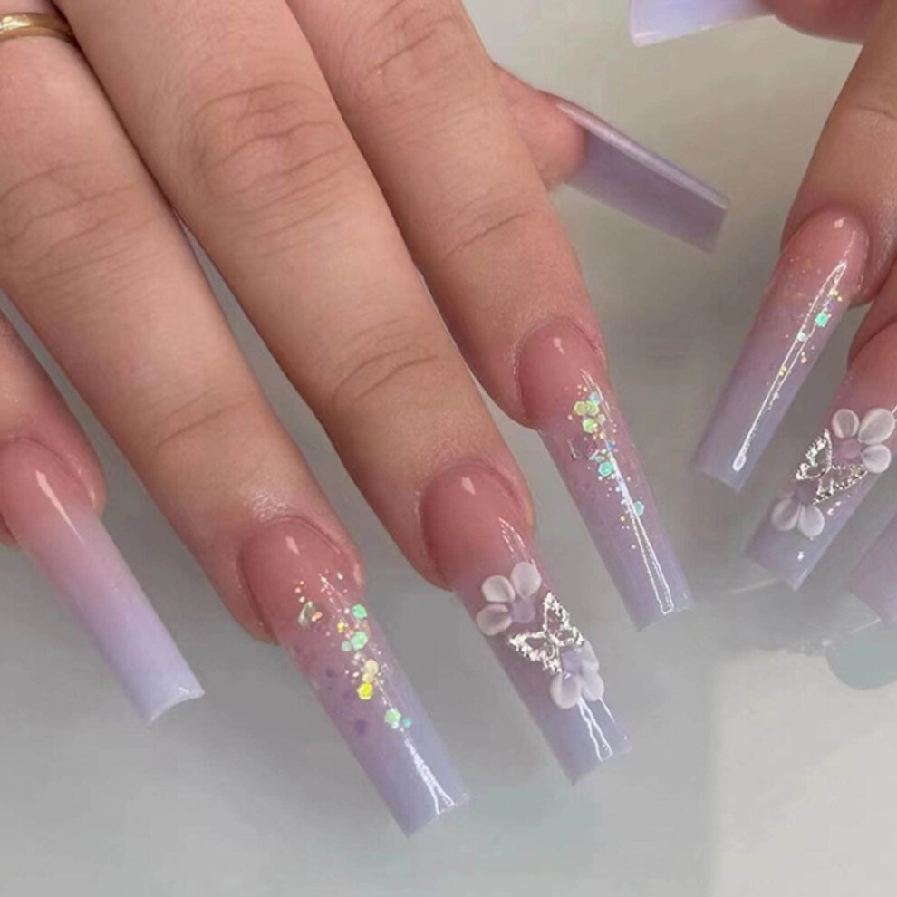 Purple Gradient Coffin Press On Nails With Butterfly Design Acrylic False Nails 24Pcs Longlasting Wear