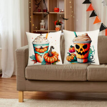 Halloween-Kürbis-Kissenbezüge, 45 cm (17,71 Zoll) Leinen-Kissenbezug mit Tassenmuster, passend zu Dekorationen im amerikanischen Stil
