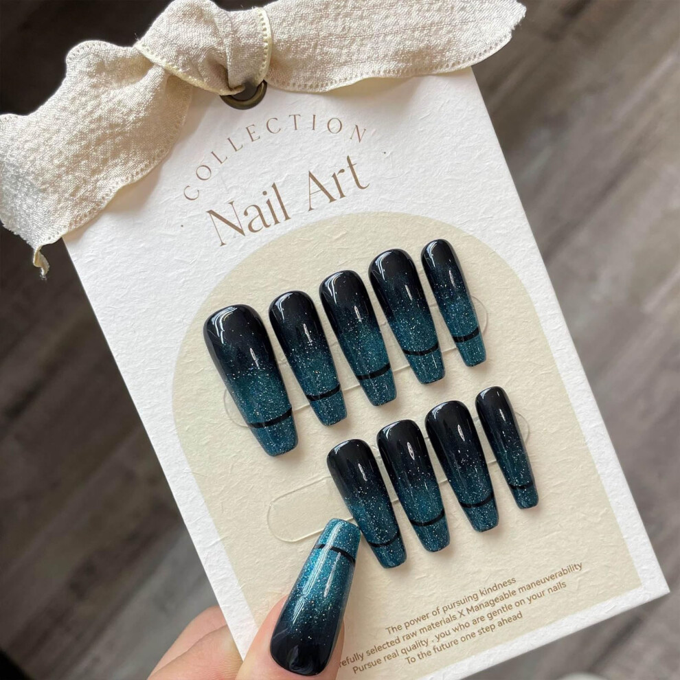 Blue Handmade Gel Press On Nails Dark Cat's Eye Coffin With Gems Glossy False Nails For Women