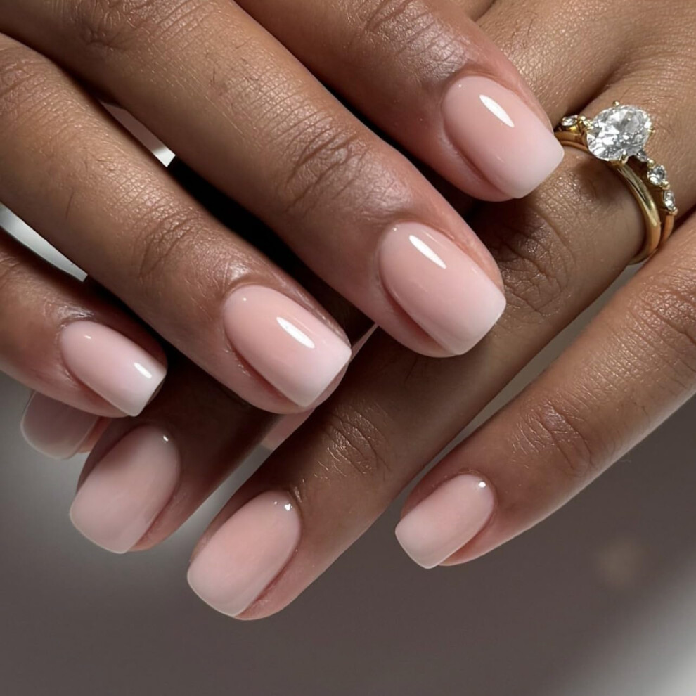 Pink,Cream Nude Pink Ombre Press On Nails Set Â 24 Short Square Glossy Gradient Fake Nails With Adhesive Tabs