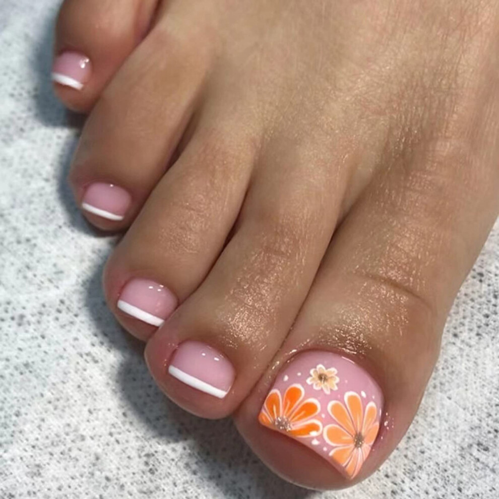 Orange 24Pcs French Tip Press On Toenails With Daisy, Reusable Acrylic Fake Toenails Set
