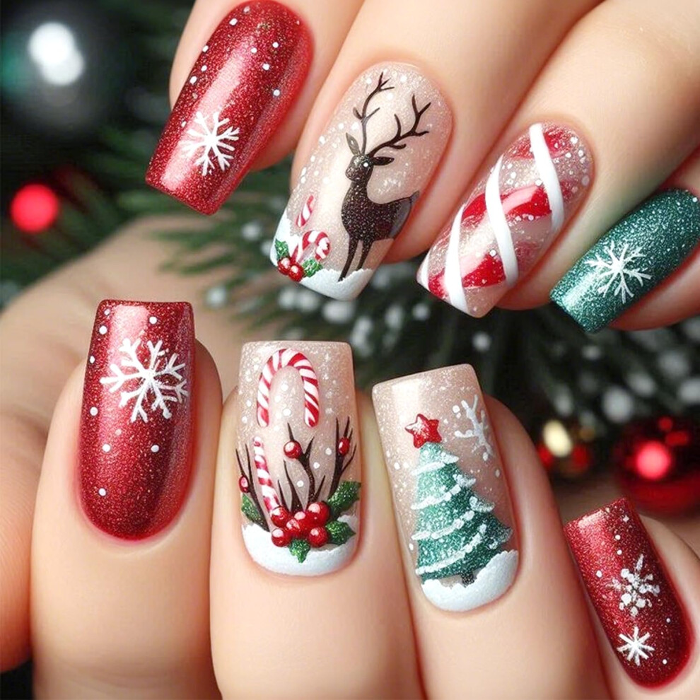 Christmas Press On Nails Set with Glitter Snowflake Tree Reindeer Design, Reusable Holiday Fake Nails 24Pcs