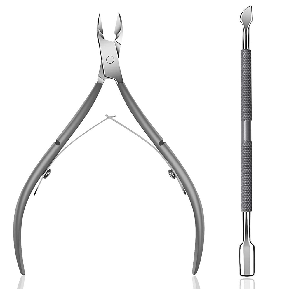 Grey Professional Stainless Steel Cuticle Cutter And Pusher Set With Ergonomic Grip For Nail Care (Grey)