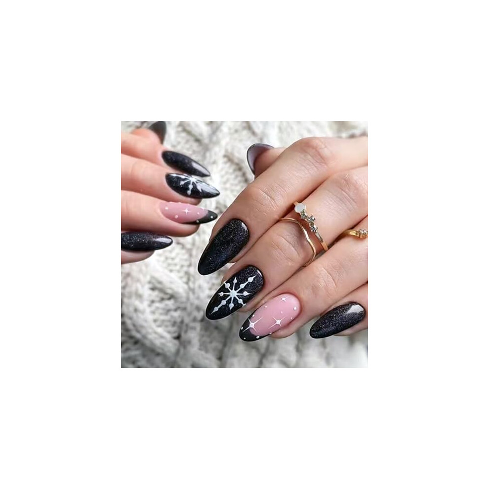 Christmas Press On Nails Almond Shape Fake Nails with Glitter Snowflake French Tips, 24 Pcs Reusable Set