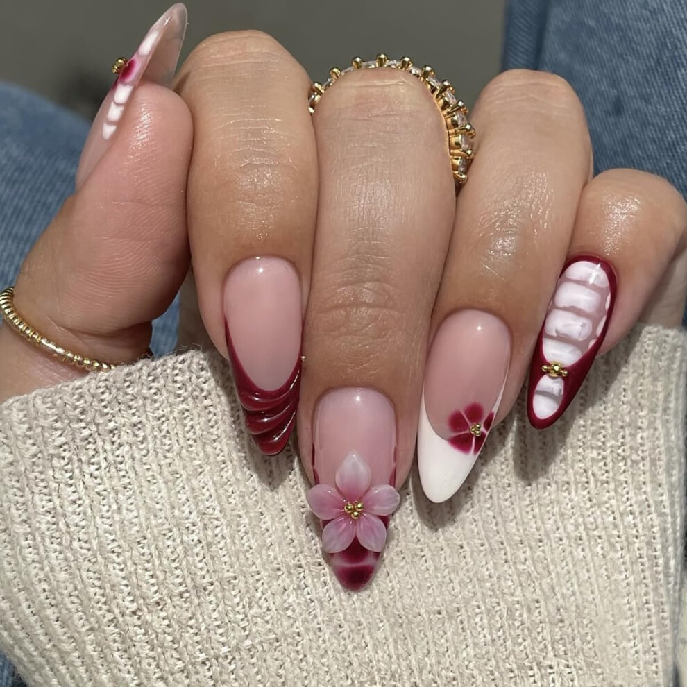 Red Almond Press On Nails With Marble French Tips, Glossy Autumn Fake Nails With Glue Tabs, 24Pcs