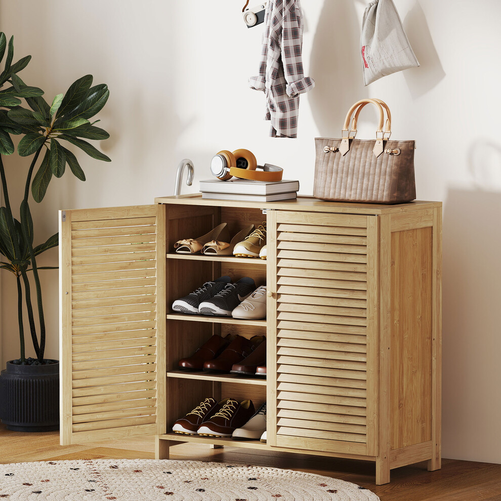 New Homcom Bamboo Shoe Cabinet With Louvered Doors 14 Pairs Shoe Storage Cabinet