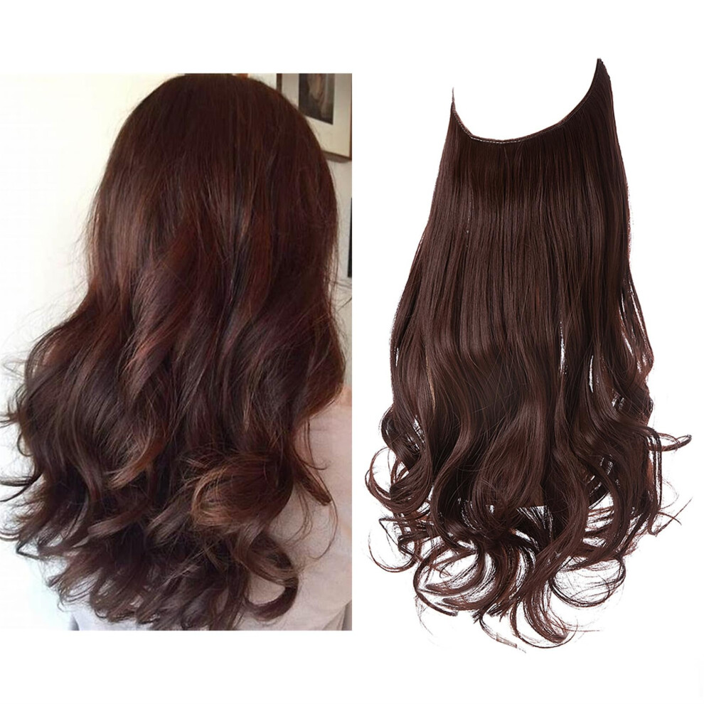 Unisex Halo Hair Extensions Invisible Wire 18 Inch Curly Wavy No Clip Hairpiece Natural Wave 2#