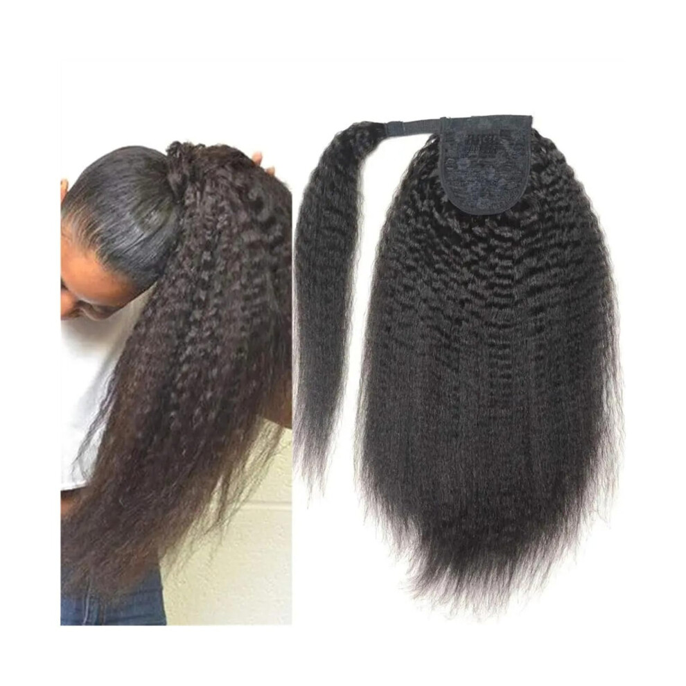 Unisex Black 24 Inch Brazilian Remy Human Hair Ponytail Extension Kinky Straight Wrap Around Natural