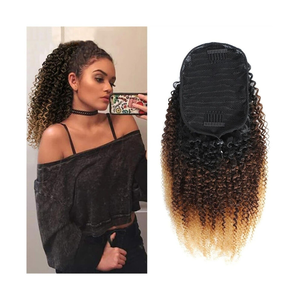 Unisex Human Hair Ponytail Extension 20In Ombre Kinky Curly Clip In With Secure Drawstring And Natural Volume