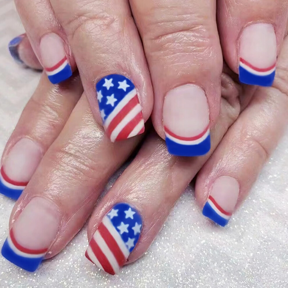 4th of July Press on Nails Short Square French Tip Glue on Nails Red Blue Reusable Nail Tips