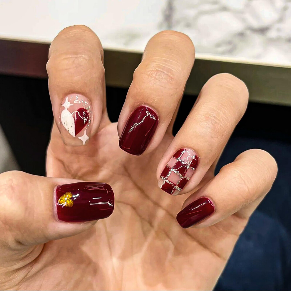 Short Square Red Heart Press On Nails Acrylic Set Instant Salon Look Easy Application 24Pcs