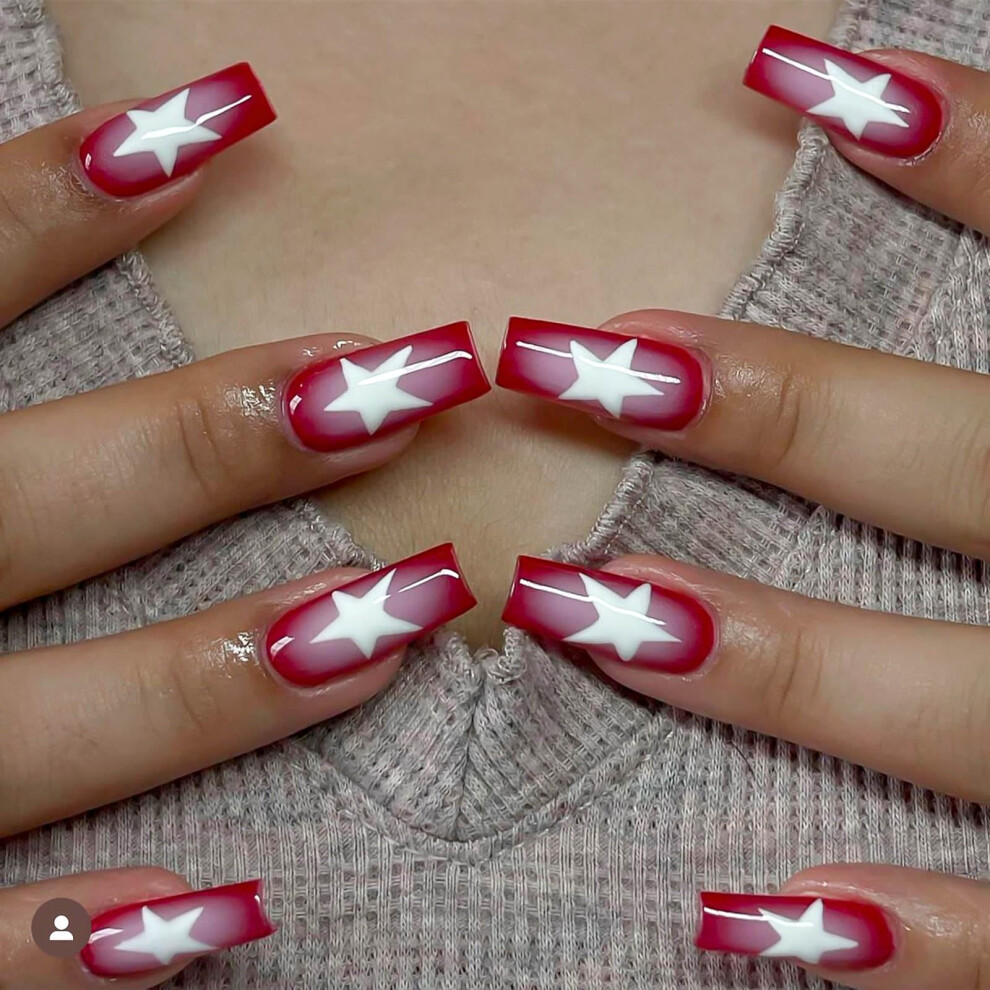 White,Red Red Ombre Press On Nails 24Pcs Square Glossy False Nails With White Stars Reusable Nail Kit