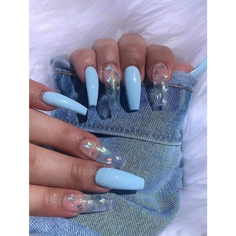 Long Coffin Press on Nails with Blue Butterfly Acrylic Design, Salon Quality Full Cover Fake Nails
