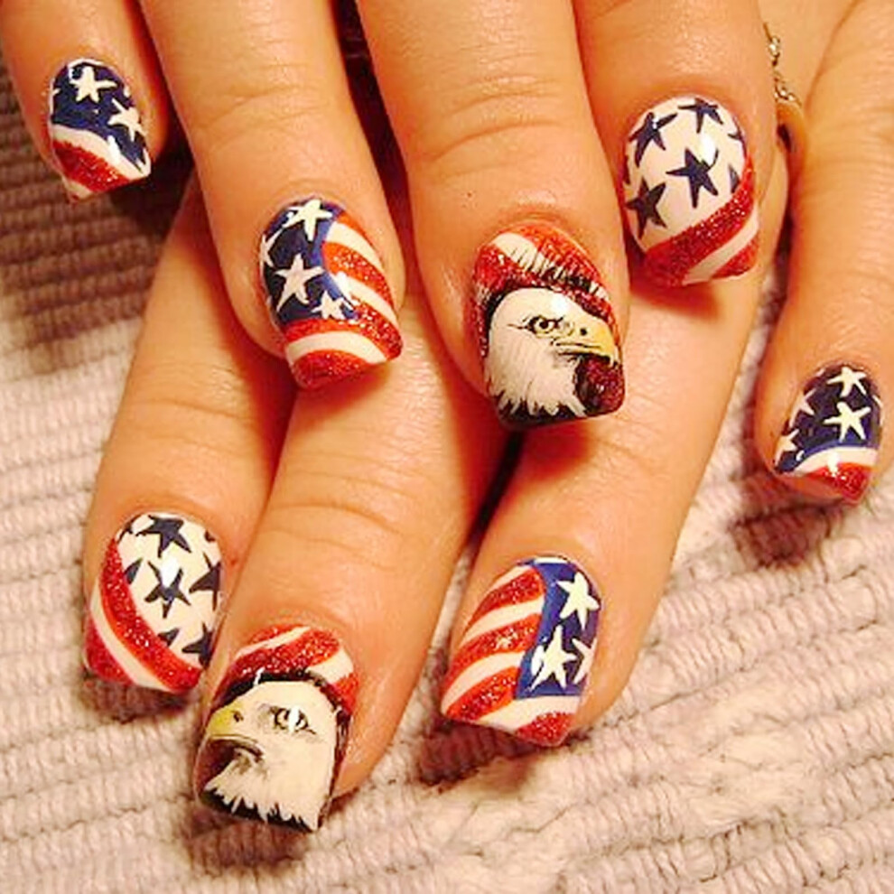 Short Square Press on Nails American Flag Design for 4th of July, ReadytoUse Fake Nails 24Pcs