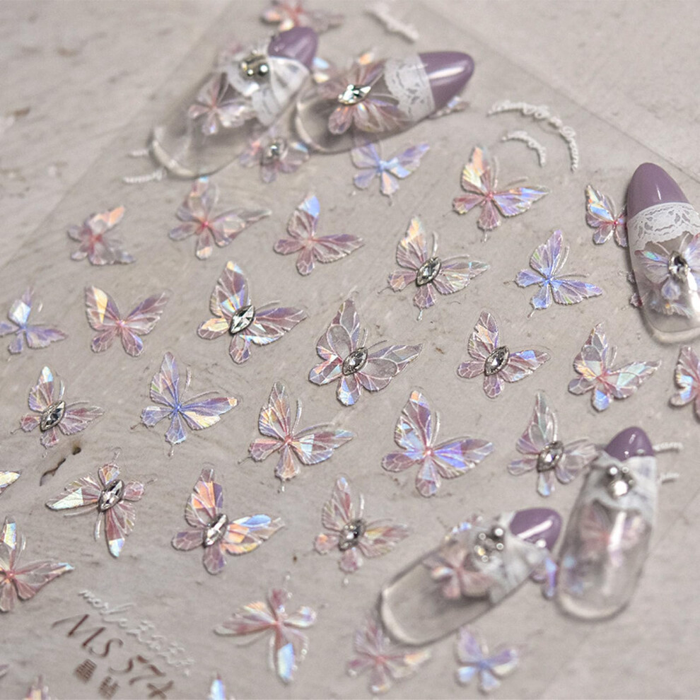 Purple Butterfly Nail Stickers With 5D Embossed Rhinestones, Easy Adhesive Butterfly Nail Art Decals