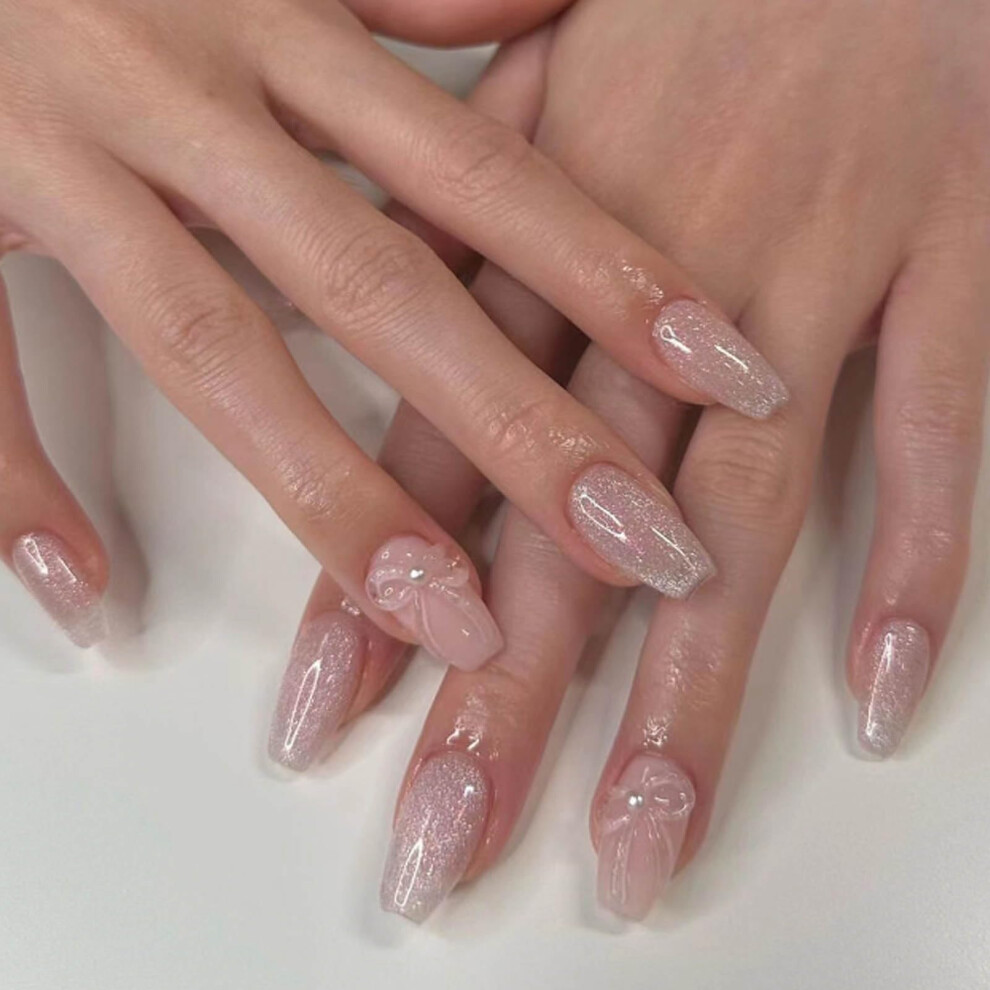 Pink Medium Coffin Press On Nails With Jelly Glue, Shiny Fake Nails Set For Women Girls 24Pcs