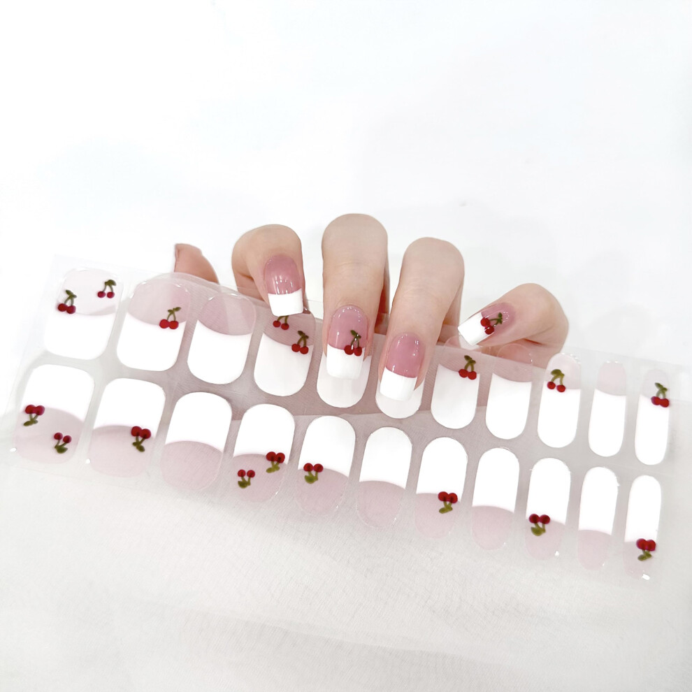 White Semi Cured Gel Nail Strips French Cherry Design, Salon Quality Uv Gel Stickers For Manicure