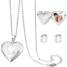Stainless Steel Heart Photo Locket Pendant Set, Compatible with Custom Photos, Includes Chain & Snap Bails for Charm Gift