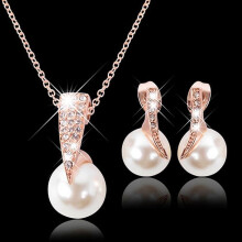 D-GROEE Schmuckset aus roségoldener Kunstperlen-Kristallkette und Ohrringen für Abschlussball, Braut und Brautjungfern