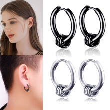 OUSITAI Stainless Steel Hoop Earrings Mens Womens Small Huggie Hoop Earrings(2 Pairs,Black+Steel color)