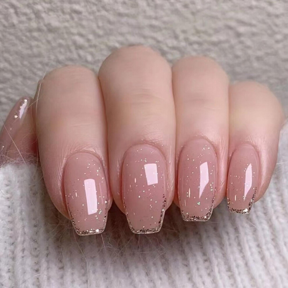 Pink,Gold Coffin Press On Nails Pink Bling Fake Nails Gold French Tips Salonstyle Manicure 24Pcs
