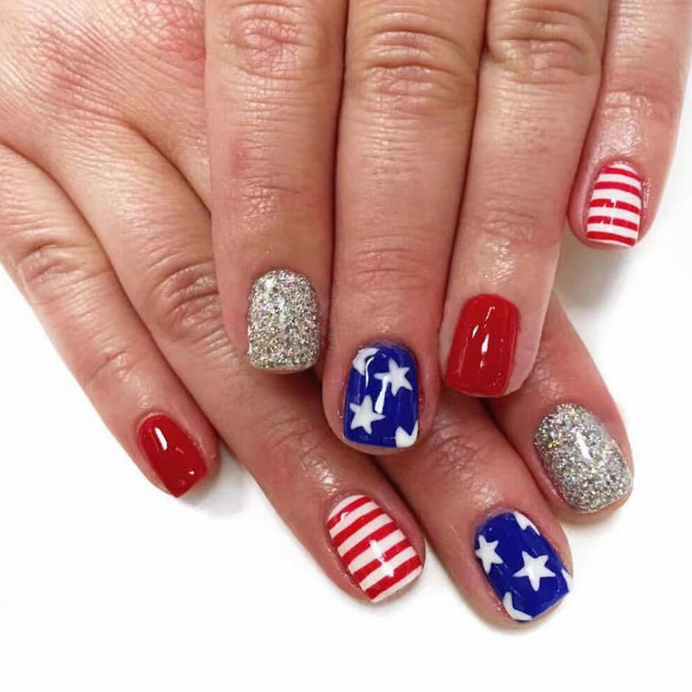 Fourth of July Press On Nails Short Square Fake Nails with Glue Red White Blue Glitter 24pcs