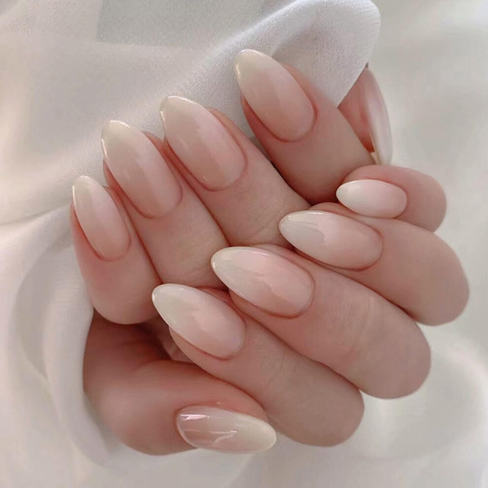 Pink,White Pink White Gradient Medium Almond Press On Nails Reusable Acrylic Fake Nails Salon Manicure Kit