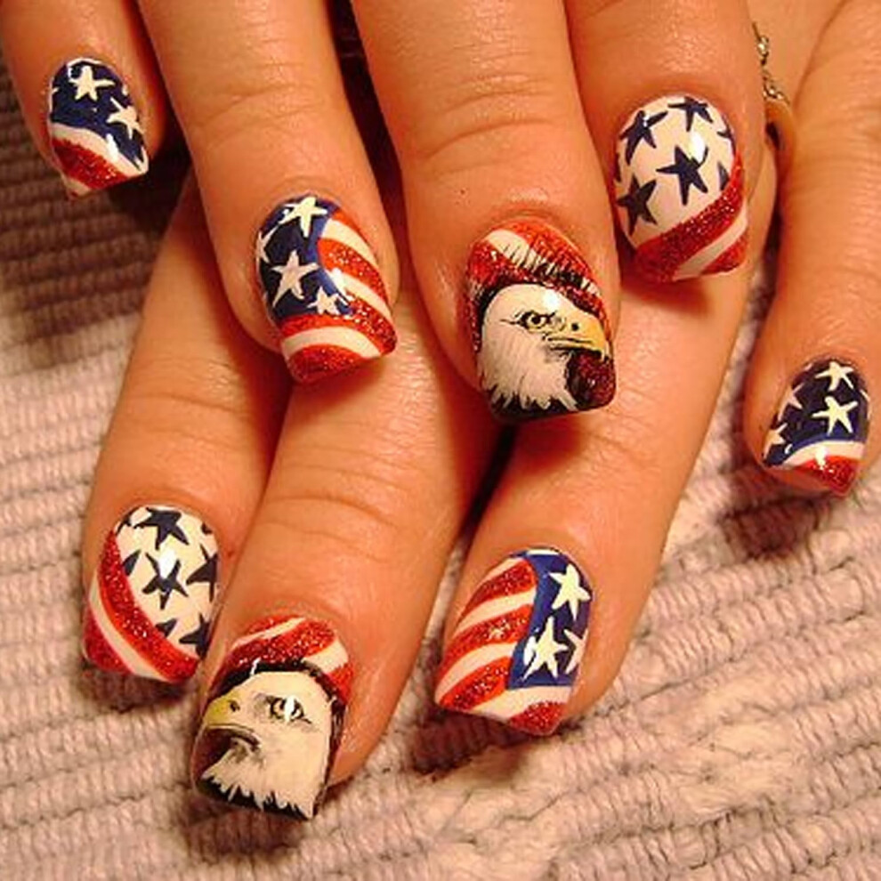 24 Pcs Independence Day Press on Nails Coffin Fake Nails with American Flag Eagle Design