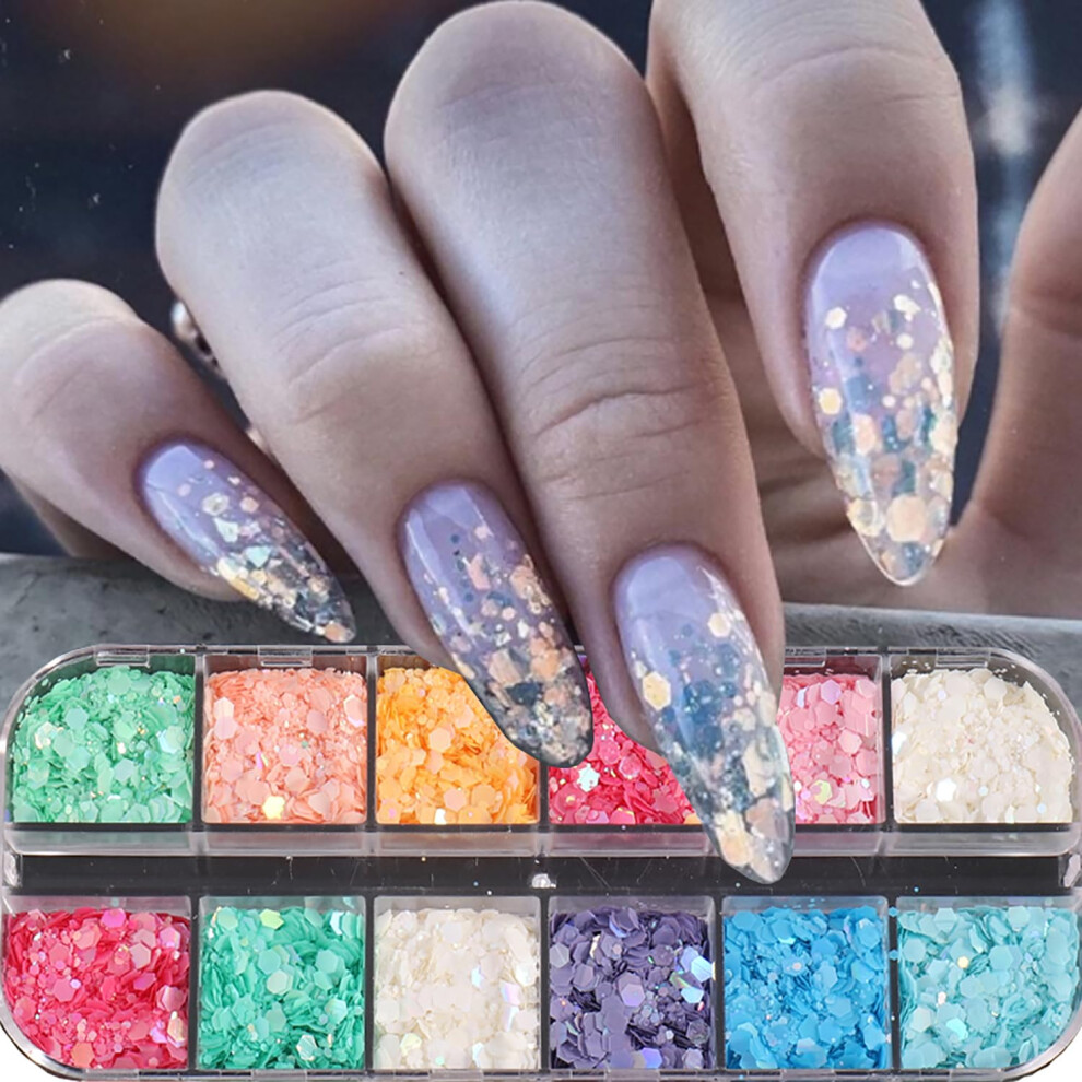 12 Colors Nail Art Glitter Sequins 3D Holographic Irregular Flakes for Acrylic and Gel Nails