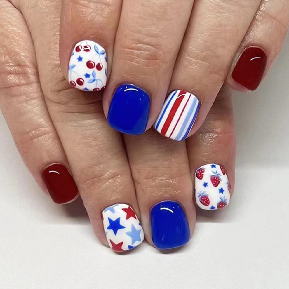 Blue/White/Red 24Pcs 4Th Of July Press On Nails, Patriotic Short Coffin Fake Nails For Independence Day Women