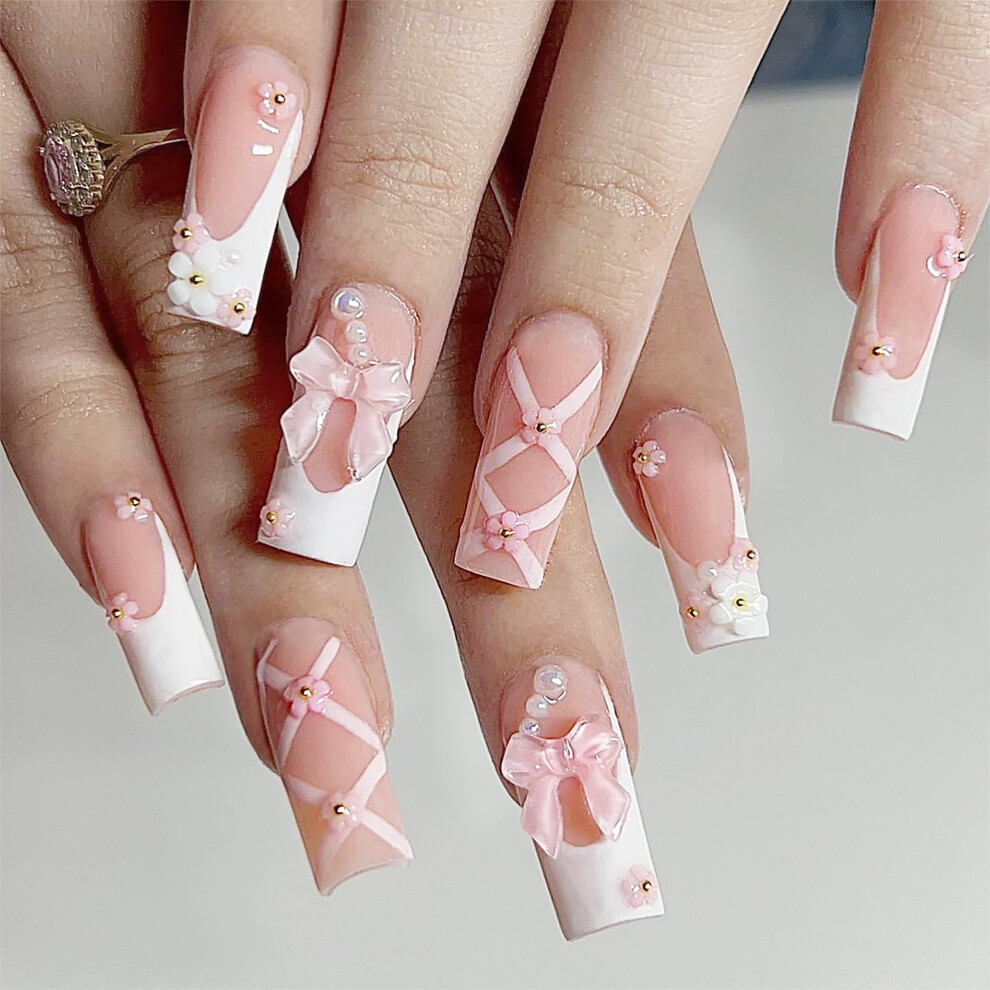 Pink 24Pcs Coffin French Tip Press On Nails Kit With Bow Acrylic False Nails For Women