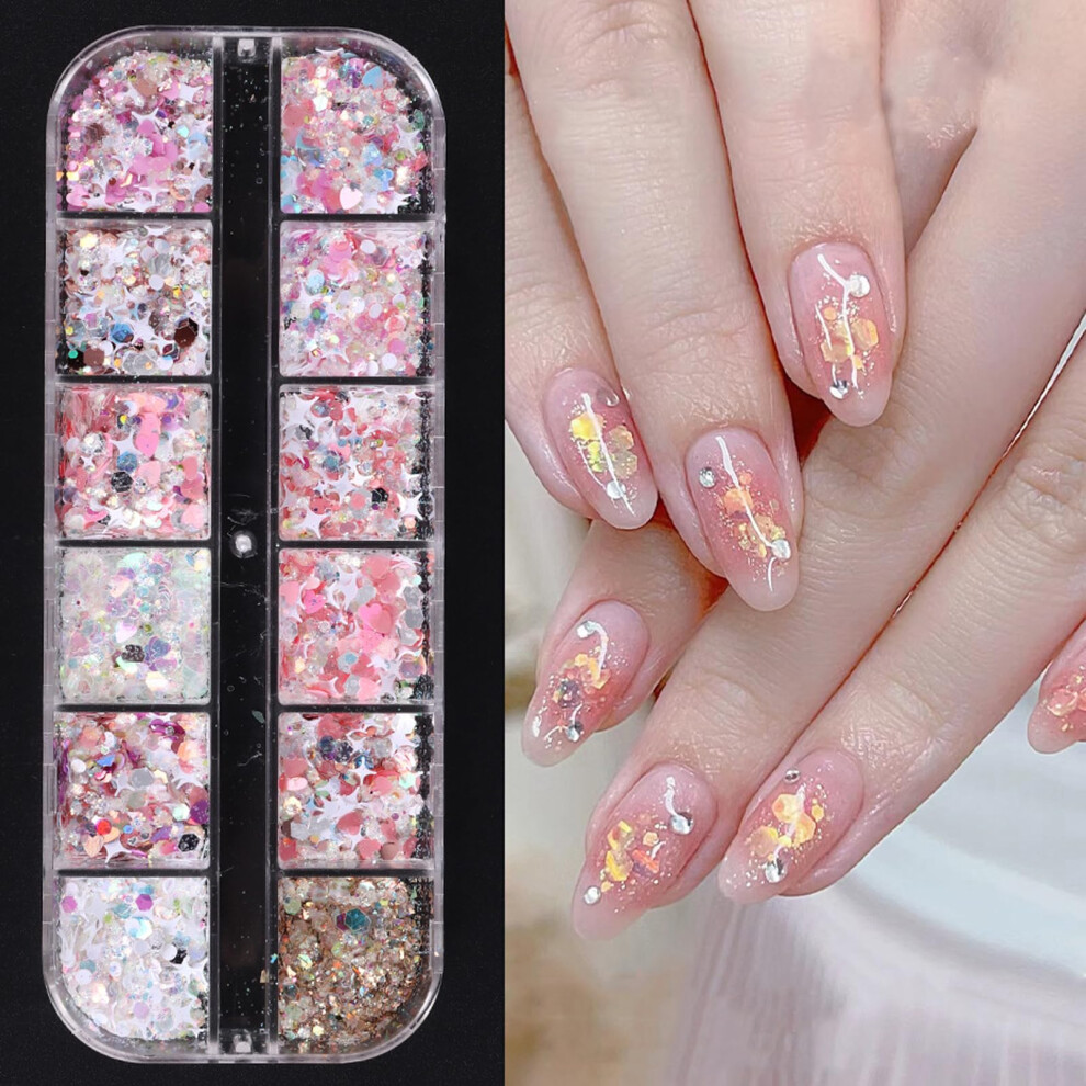 Pink Holographic Nail Art Glitter Sequins 12 Grid MultiShape Set for Salon and DIY
