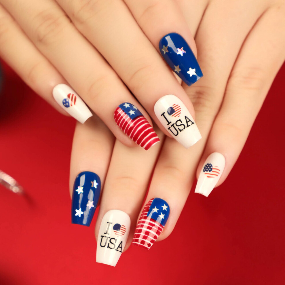 Fourth of July Press on Nails Patriotic Flag Design Reusable Coffin Fake Nails Set for Women