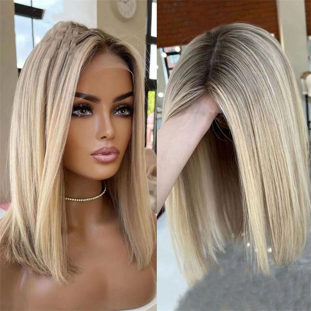 Unisex 16 Inch Blonde Human Hair Lace Front Bob Wig Glueless 13X4 Straight Style Natural Hairline