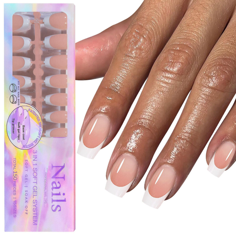 White 150Pcs Coffin French Tip Press On Nails Medium Length Fake Nails Full Cover Acrylic Set For Women