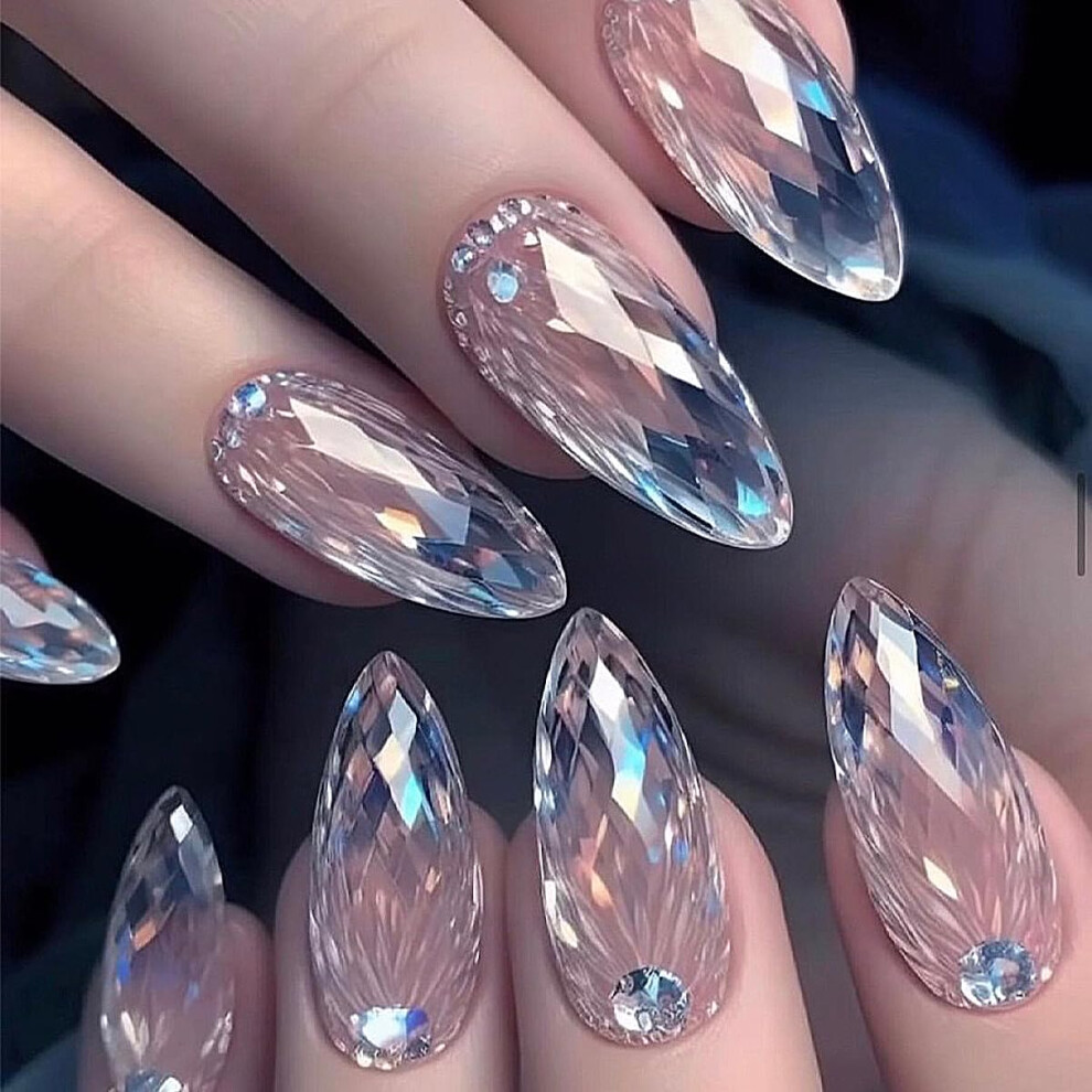 Purple Gradient Press on Nails Medium Almond Fake Nails with 3D Rhinestones Reusable Nail Kit