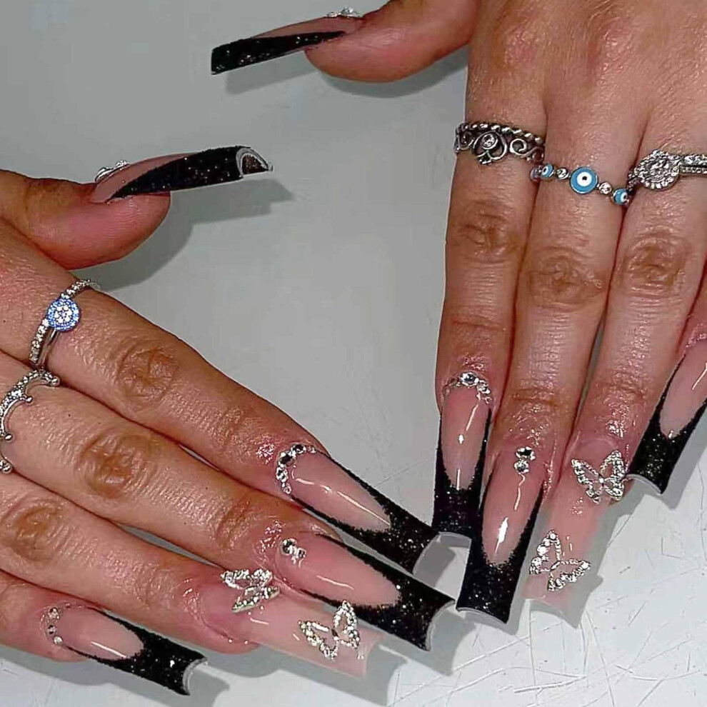 Long Coffin Press on Nails with Rhinestones Black French Tip Butterfly Design 24pcs Nail Kit