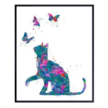 ASPORIC Katzen-Wandbild – Schmetterlings-Zimmerdeko, süßes Geschenk für Tierliebhaber, farbenfrohes Aquarell, ungerahmt, 61 x 51 cm