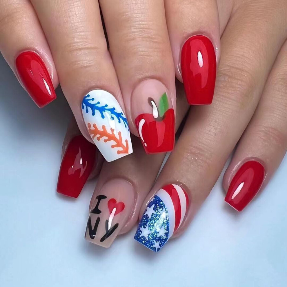 24Pcs Fourth of July Press on Nails American Flag Fake Nails with Star Glitter Patriotic Design