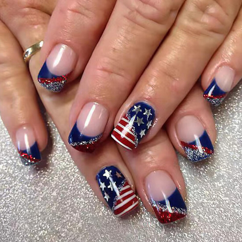 24 PCS Fourth of July Press On Nails American Flag Glitter Stars Reusable Fake Nails for Women