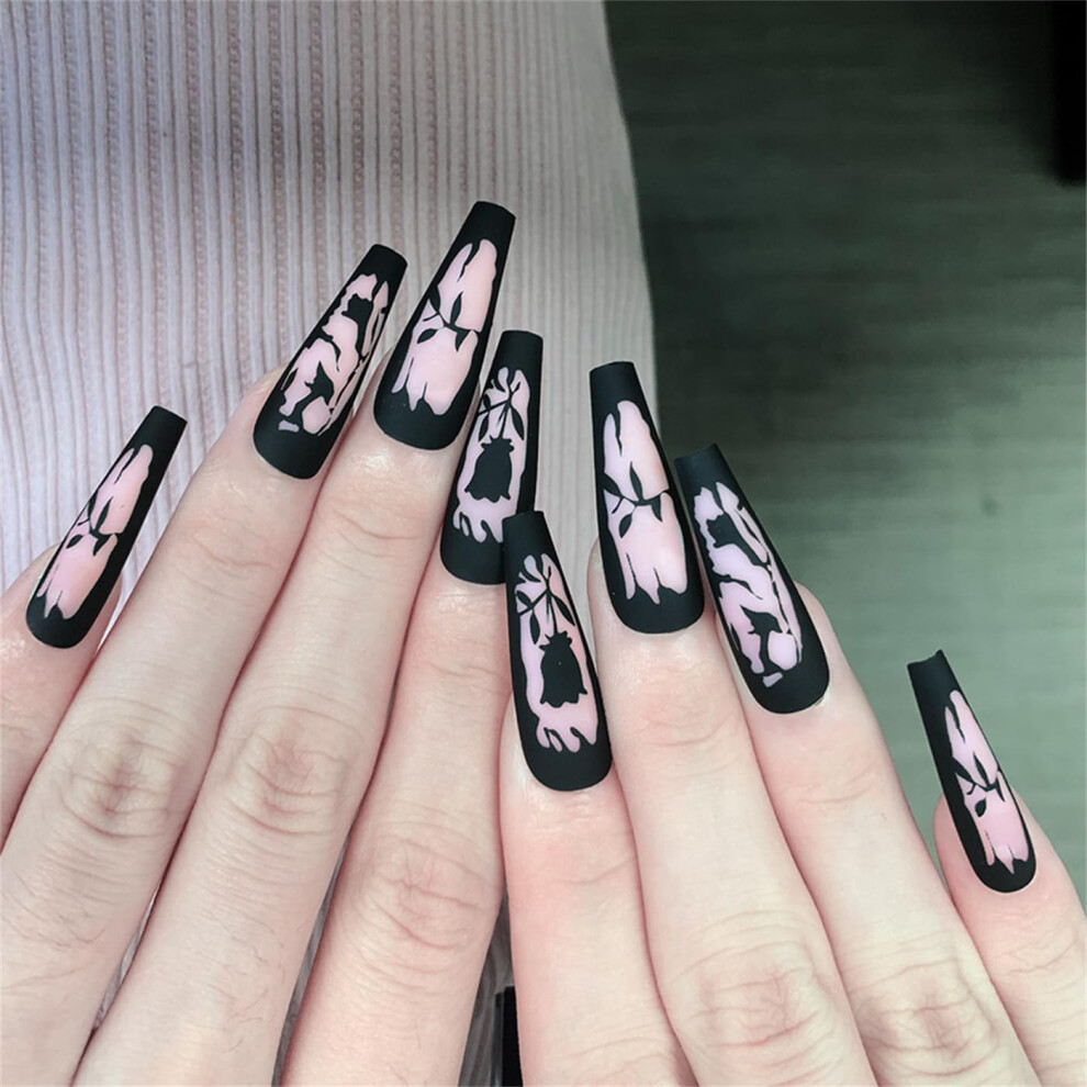 Black Coffin Press On Fake Nails Rose Halloween Full Cover Set Easy Application Reusable 24Pcs