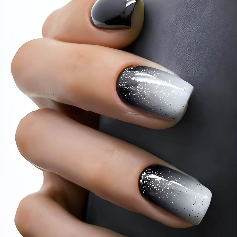 Black Short Square Press on Nails White Ombre with Glitter, Reusable False Nail Set 24pcs