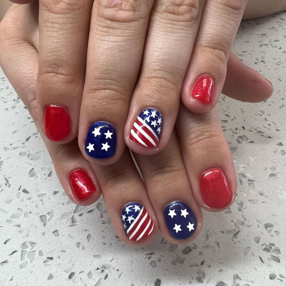 4th of July Press On Nails Short Square American Flag Fake Nails Glossy Patriotic Manicure for Women