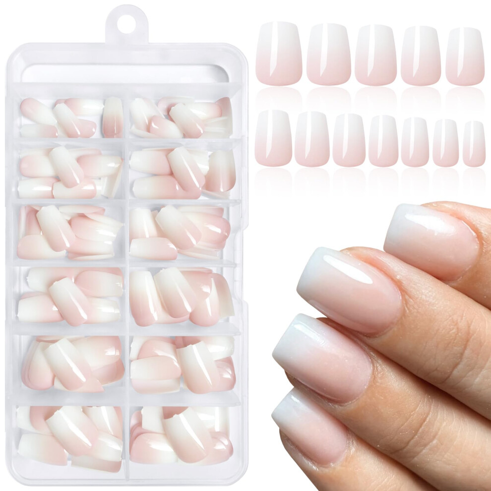 Pink,White Short Ombre Coffin Press On Nails Pink White Acrylic False Nails With Glue Reusable Nail Kit