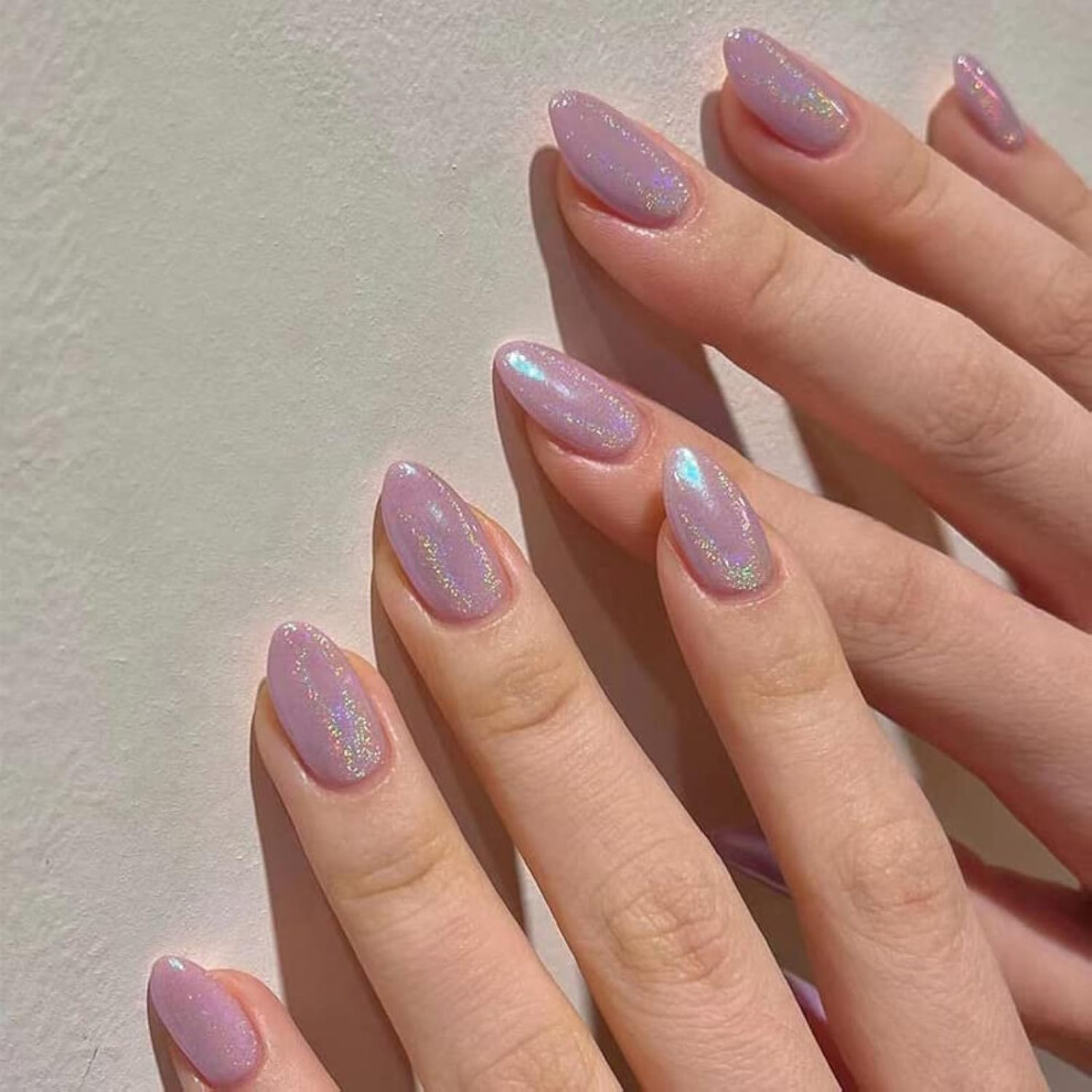 Purple Short Almond Press On Nails With Glue, Glitter Holographic Fake Nails Salonstyle Gel Finish