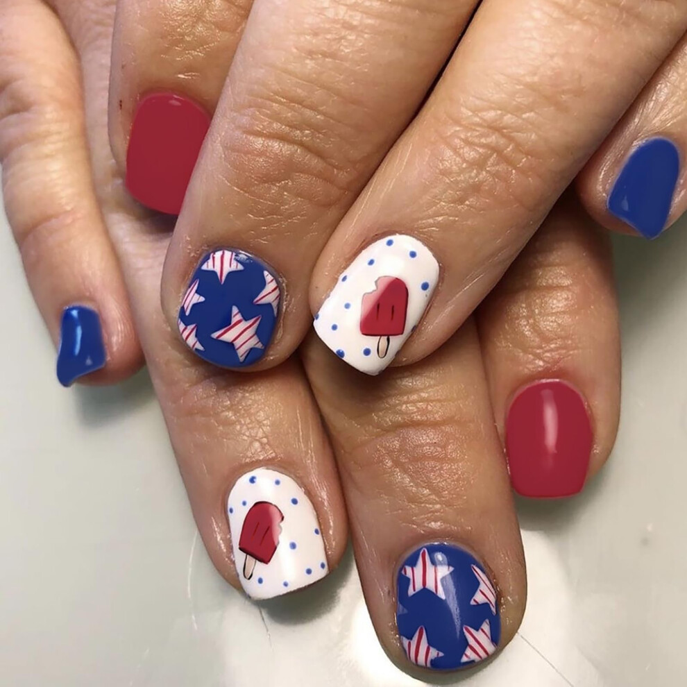 Cream 4Th Of July Press On Nails Set With American Flag Design, Patriotic Acrylic Fake Nails 24Pcs