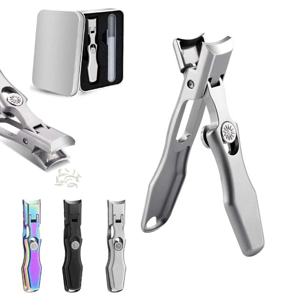 Silver Nail Clippers For Thick Toenails Men, Stainless Steel Wide Jaw Ultra Sharp Blades With Catcher And File